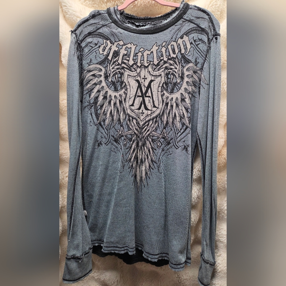 Men's Vintage Affliction Graphic Long Sleeve Reversible Thermal Sz L